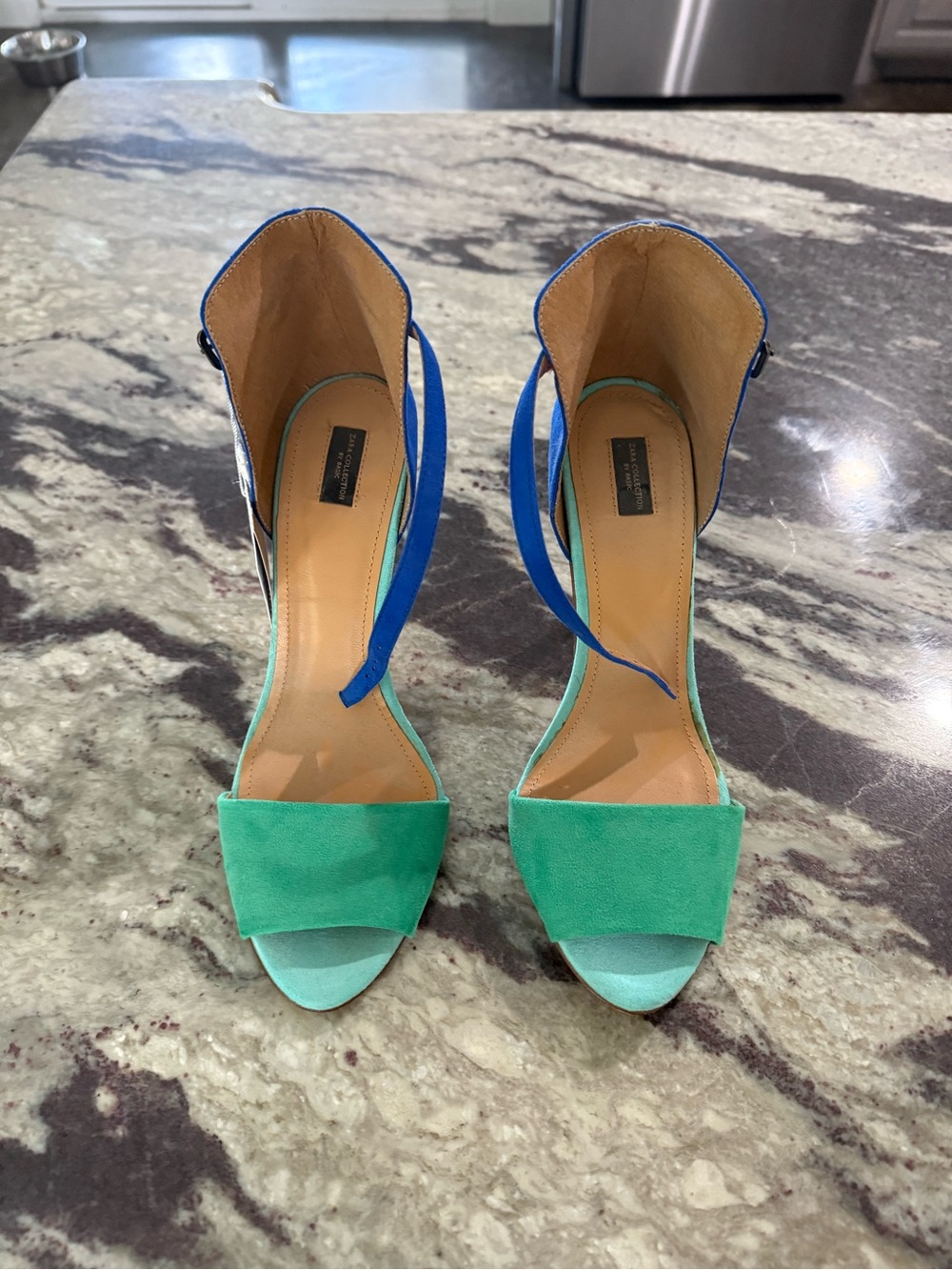 Zara Green and Blue Open-Toe Ankle-Strap Heels
